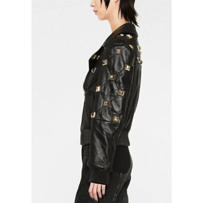studded leather bomber jacket
