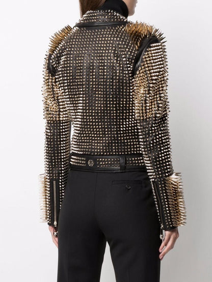 Studded Leather Biker Jacket - Women