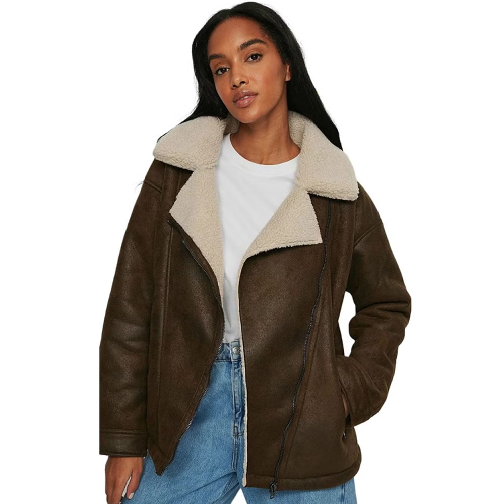 Inguna Women Fashion Grayish Brown Aviator Shearling Bomber Jacket