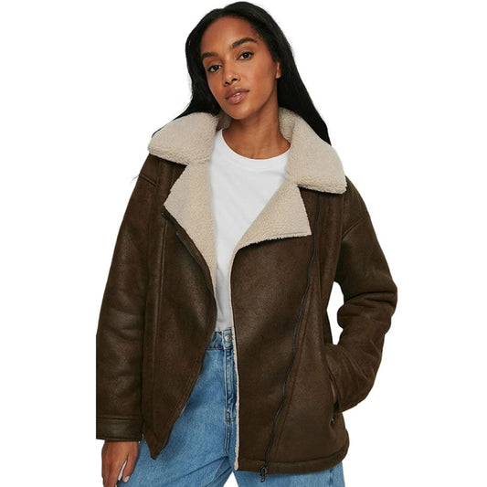 Inguna Women Fashion Grayish Brown Aviator Shearling Bomber Jacket