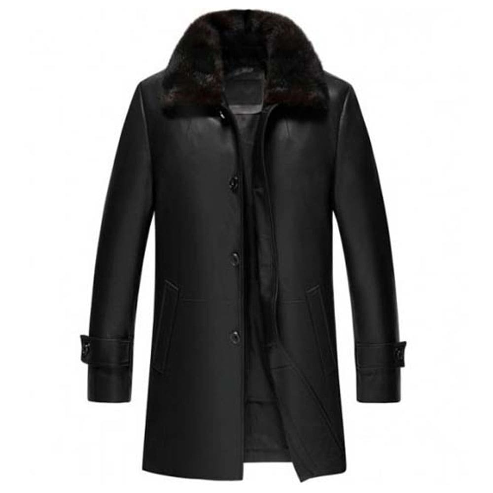 Mens Black Shearling Collar Sheepskin Leather Three Quarter Length Coat
