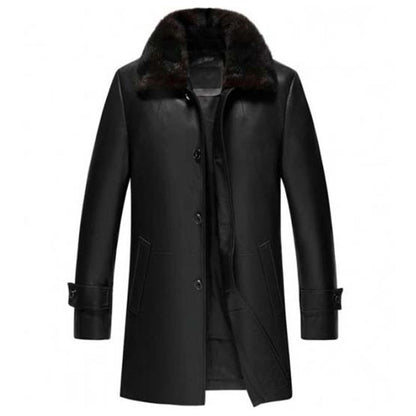 Mens Black Shearling Collar Sheepskin Leather Three Quarter Length Coat