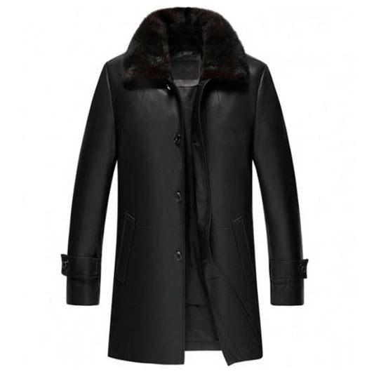 Mens Black Shearling Collar Sheepskin Leather Three Quarter Length Coat