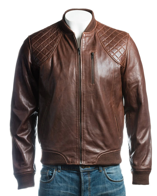 Men's Antique Brown Leather Rib Knit Collar Bomber Jacket With Diamond Shoulder