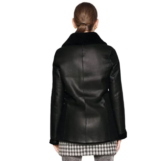 Veronica Women Fashion Black Aviator Shearling Blazer Coat