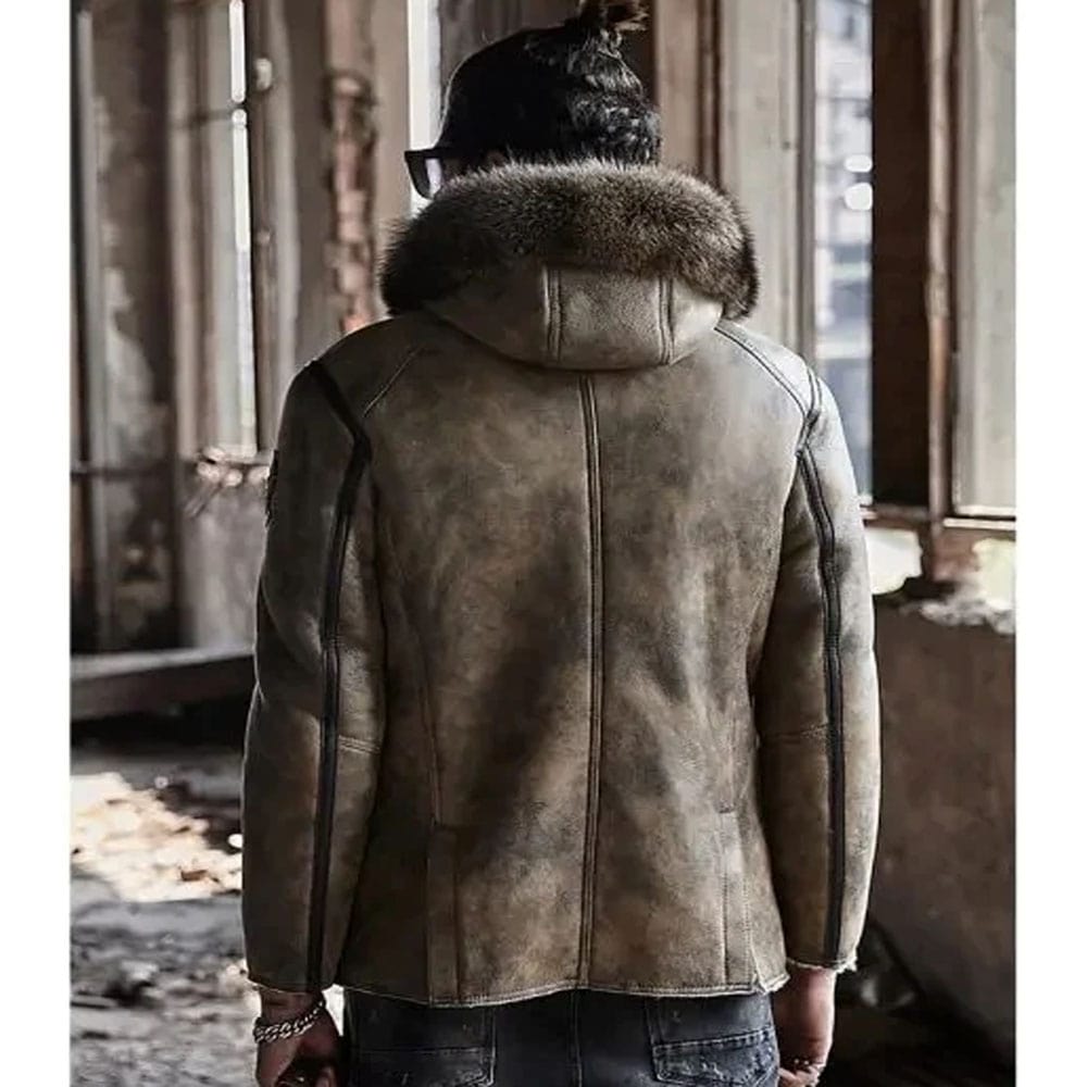 New Men's Hooded Shearling Sheepskin Coat With Fur Collar