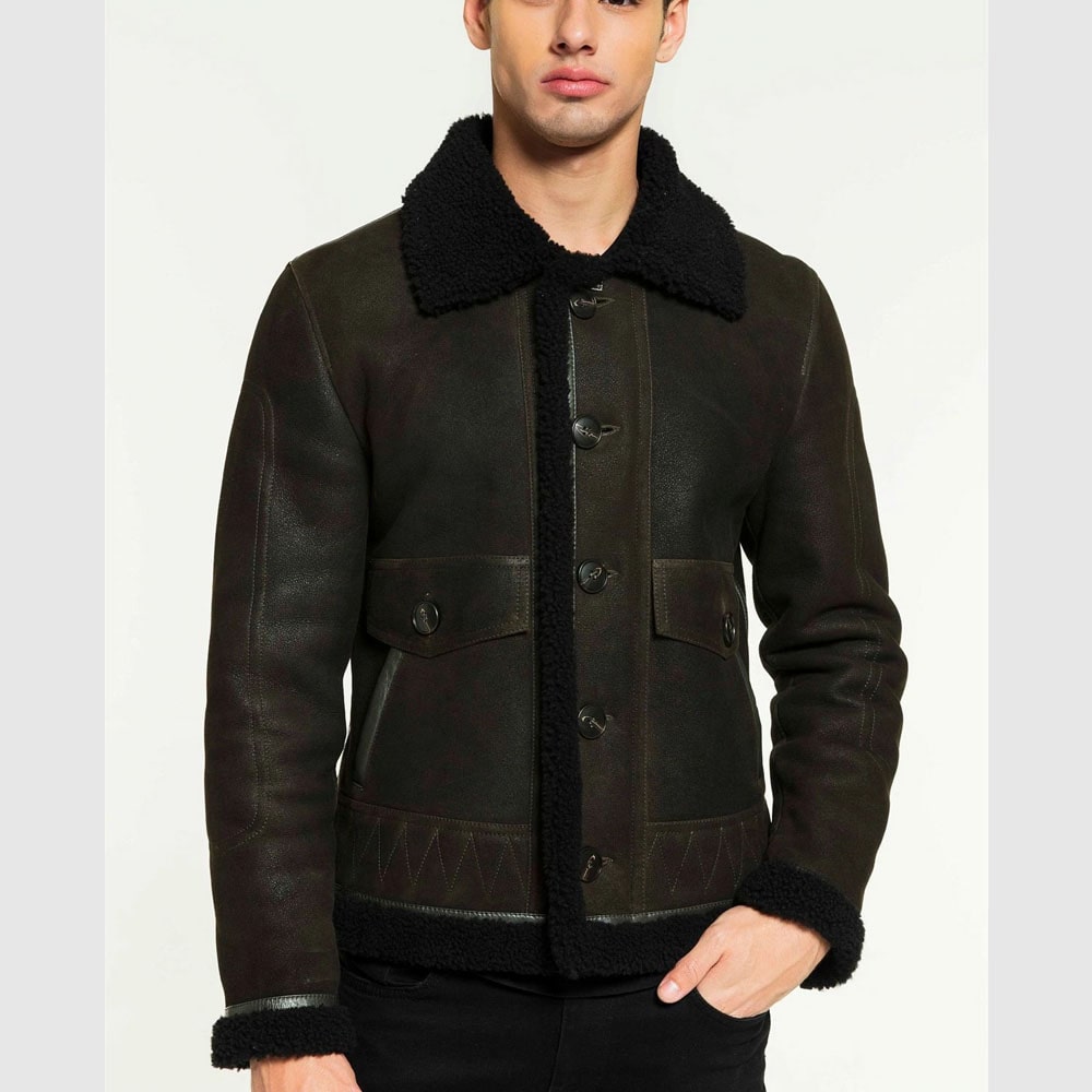 Men Aviator Dark Green & Black Shearling Jacket