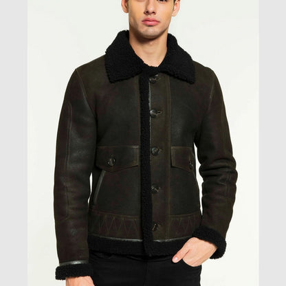 Men Aviator Dark Green & Black Shearling Jacket