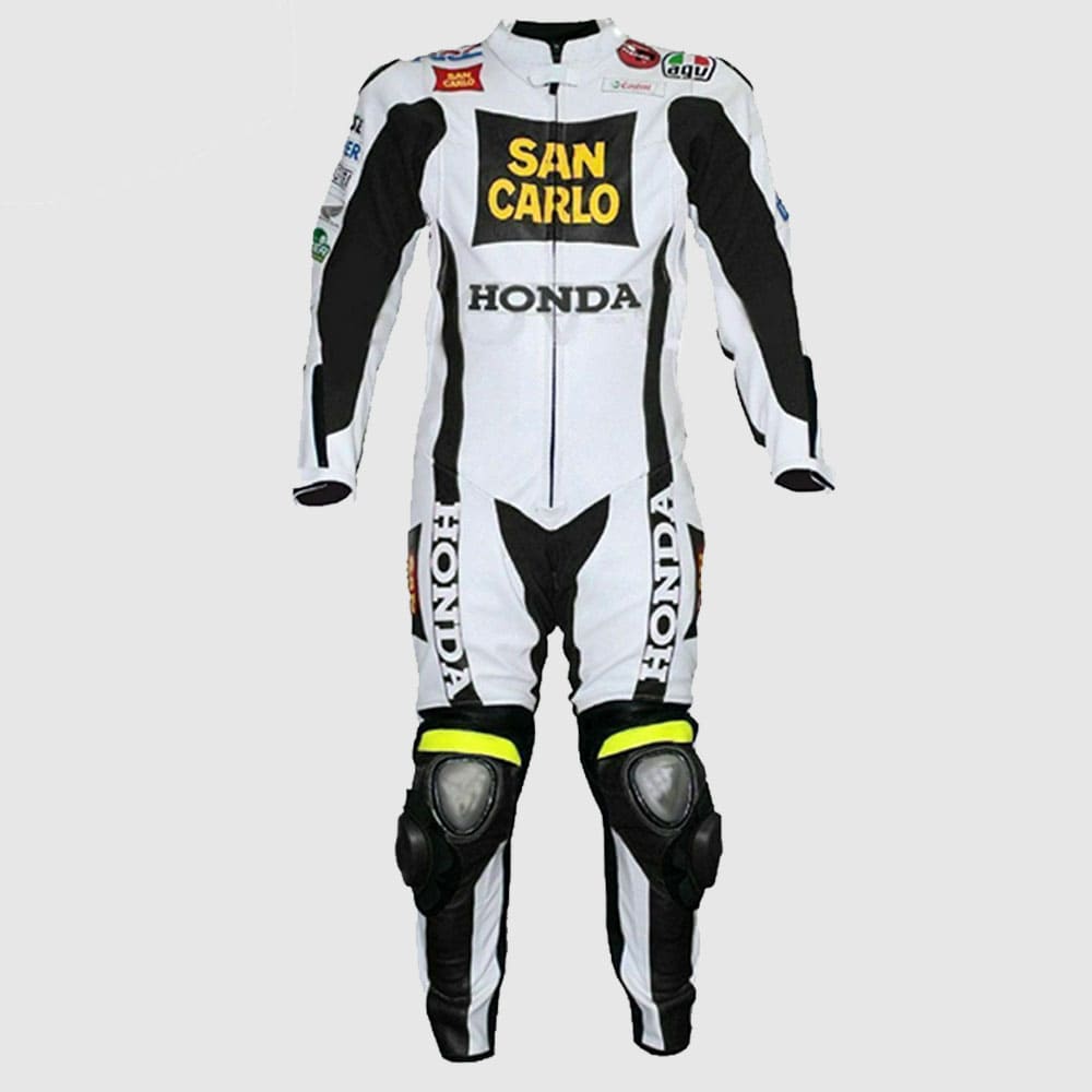 Men Honda San Carlo White Racing Motorcycle Leather Suit Jacket Pant