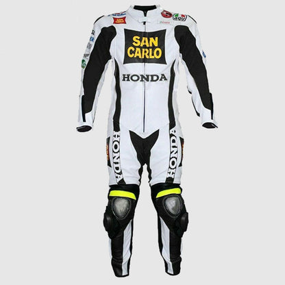 Men Honda San Carlo White Racing Motorcycle Leather Suit Jacket Pant
