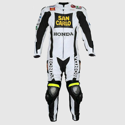 Men Honda San Carlo White Racing Motorcycle Leather Suit Jacket Pant