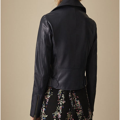 Women Navy Blue Leather Jacket
