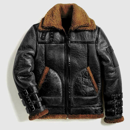 Men Winter Aviator RAF B3 Shearling Real Sheepskin Leather Bomber Flying Jacket