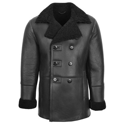 Mens Black Double Breasted Shearling Sheepskin Coat