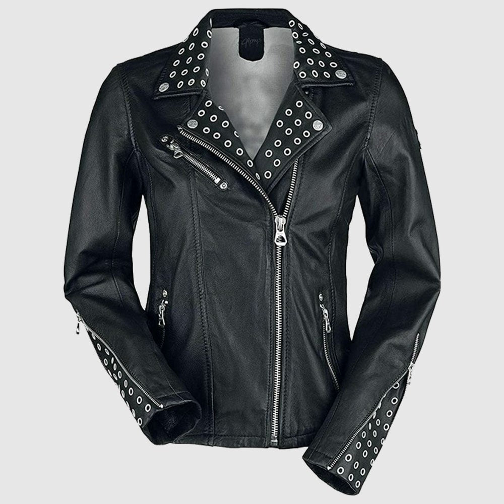 Women Cool Rivet Black Leather Slim Fit Studded Leather Jacket