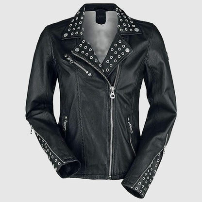 Women Cool Rivet Black Leather Slim Fit Studded Leather Jacket