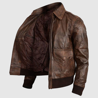 Men's Flight Bomber Air Force A2 Brown Sheepskin Distressed Leather Jacket