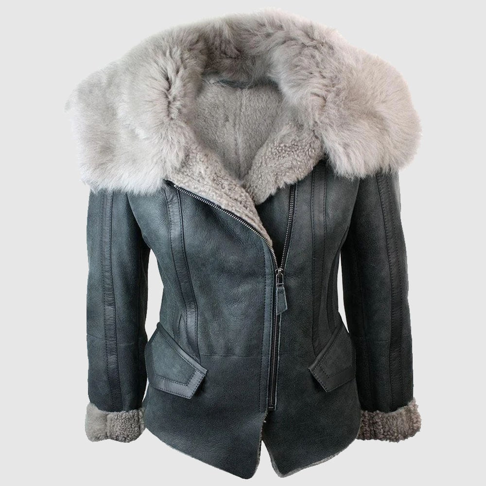 Women Short Biker style shearling sheepskin aviator flying leather jacket