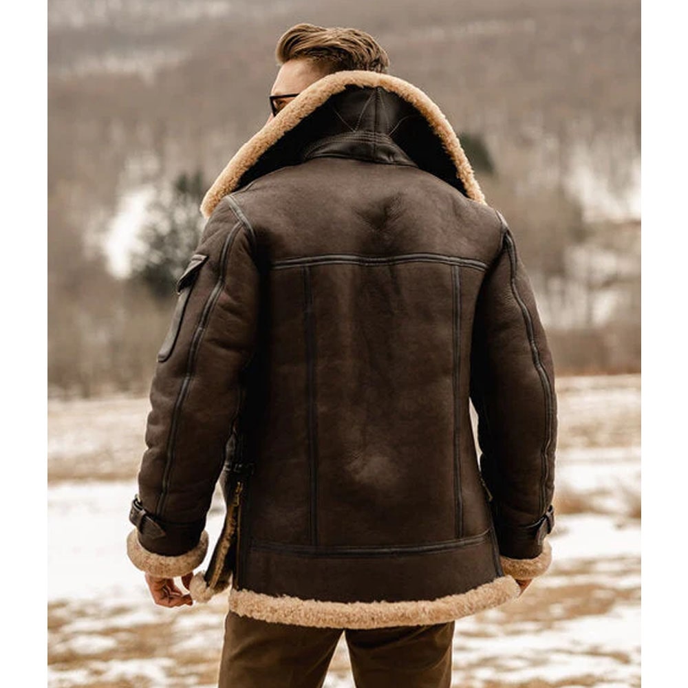 Men's Brown B3 Flying Aviator Shearling Leather Long Jacket Coat
