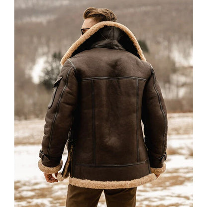 Men's Brown B3 Flying Aviator Shearling Leather Long Jacket Coat