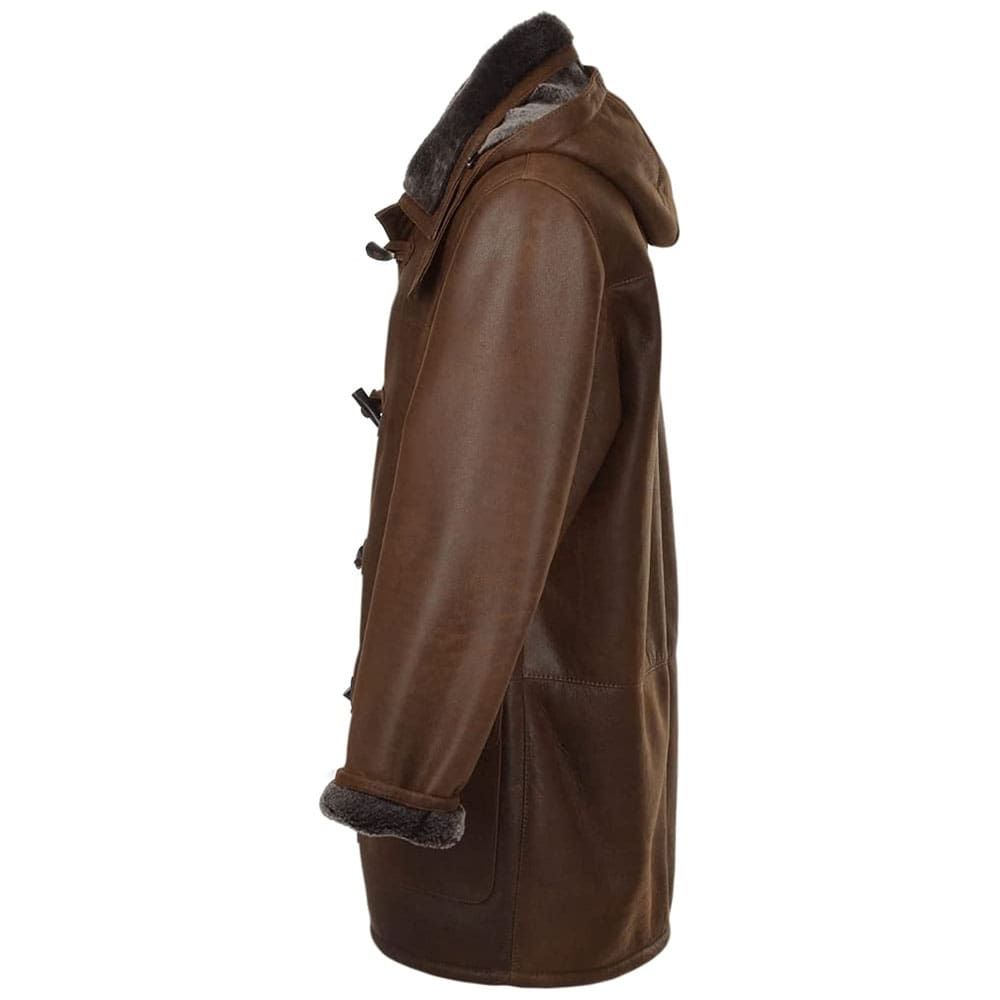 Mens Genuine Sheepskin Leather Detachable Shearling Hood Trench Coat Jacket
