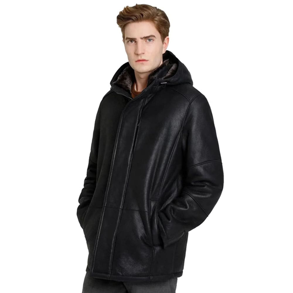 Roger Souteyrand Black Shearling Coat with Classical Hoodie