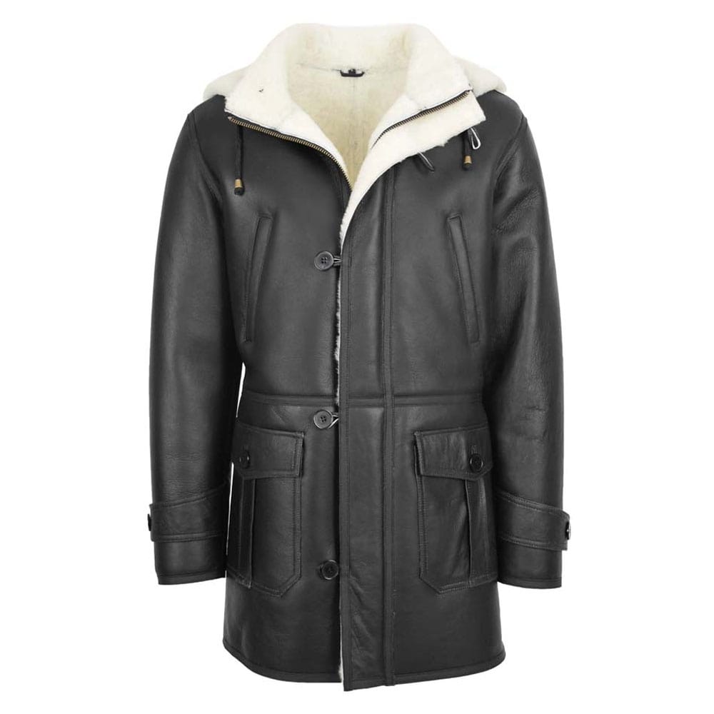 Mens Black White Shearling Sheepskin Duffle Hooded Coat