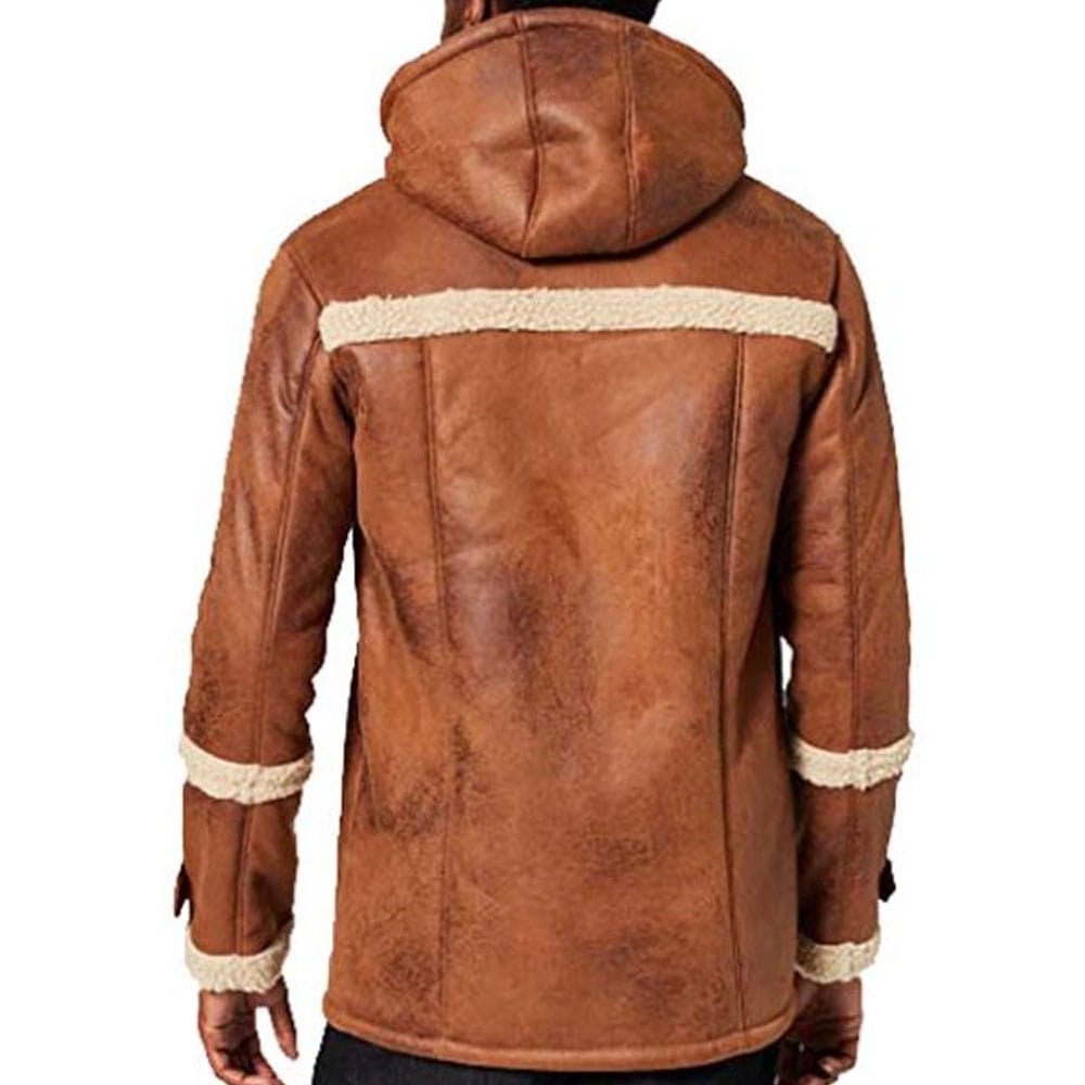 Mens Brown Leather Look Hooded Shearling Sheepskin Coat