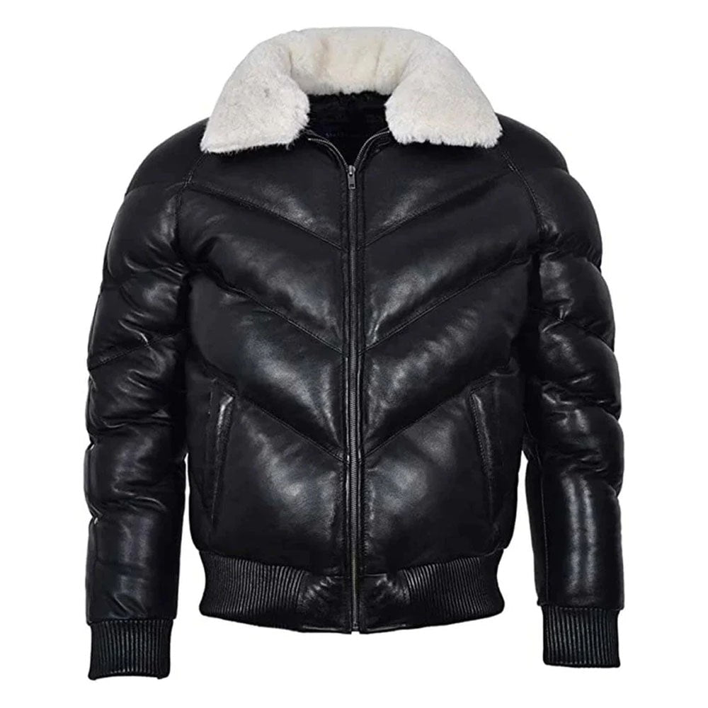 Men's Leather V Bomber Puffer Winter Jacket with Fur Collar