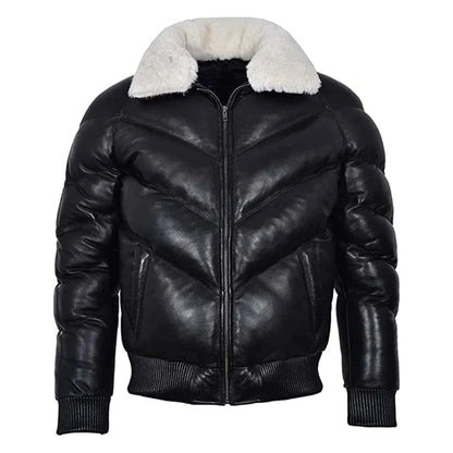 Men's Leather V Bomber Puffer Winter Jacket with Fur Collar