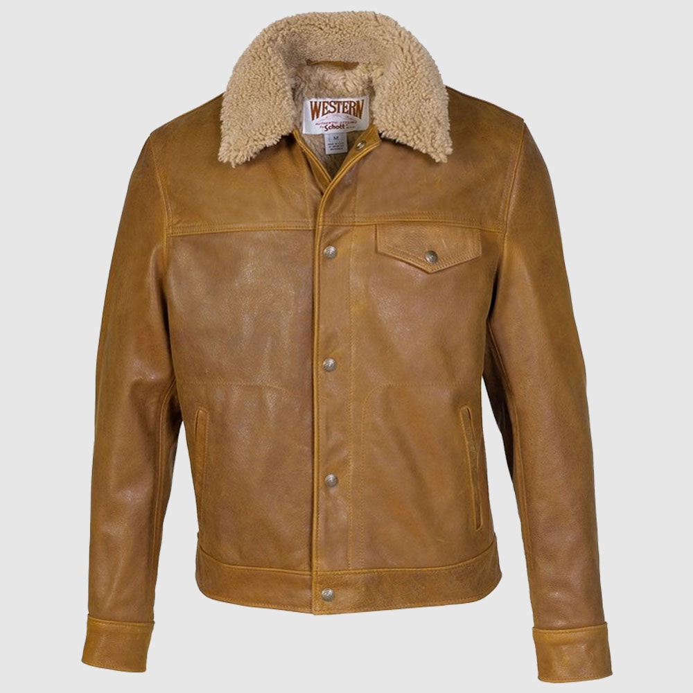 Men’s Buffalo Leather Trucker Jacket with Sheepskin Collar