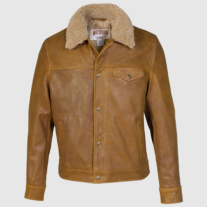 Men’s Buffalo Leather Trucker Jacket with Sheepskin Collar