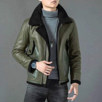 Luxury Brand Men Genuine Sheepskin Leather Military Jacket