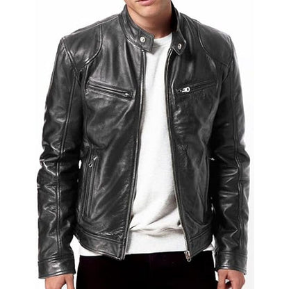 Men's Black Genuine Lambskin Leather Biker Jacket