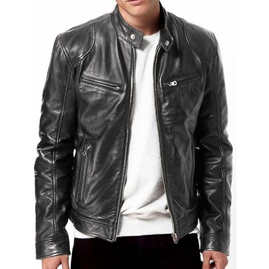 Men's Black Genuine Lambskin Leather Biker Jacket