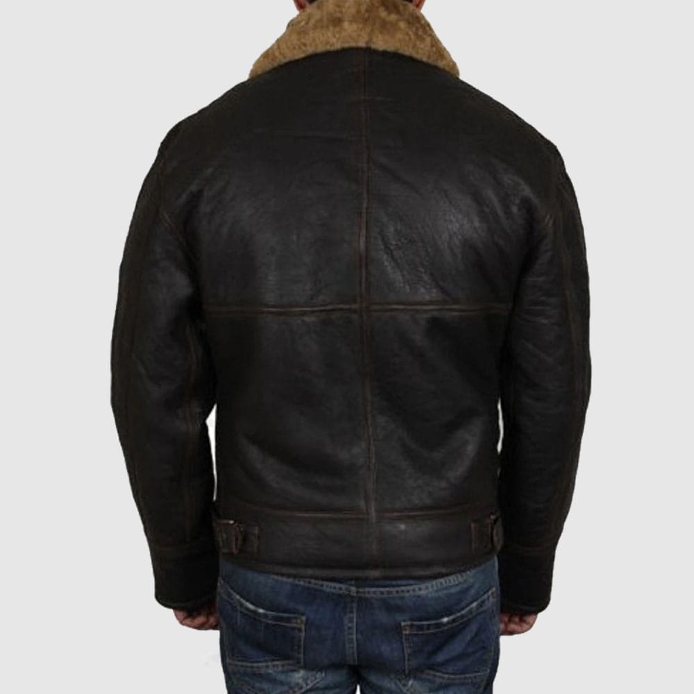 Men Real Shearling Sheepskin Leather Flying Jacket Aviator Ginger Brown