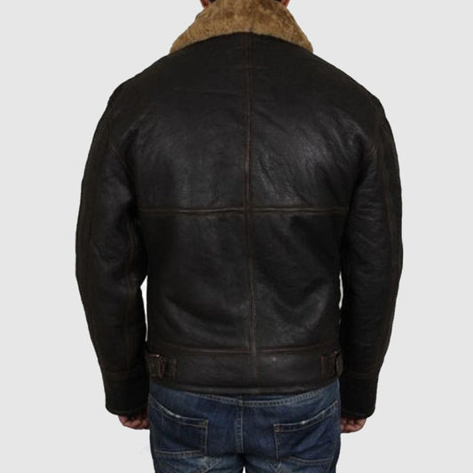 Men Real Shearling Sheepskin Leather Flying Jacket Aviator Ginger Brown