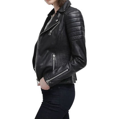 Women Slim Fit Black Genuine Leather Jacket