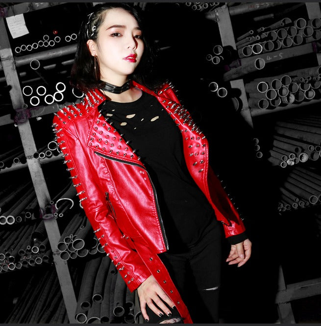 Women's Fashion Rivet Metal Slim Fitted Leather Jacket