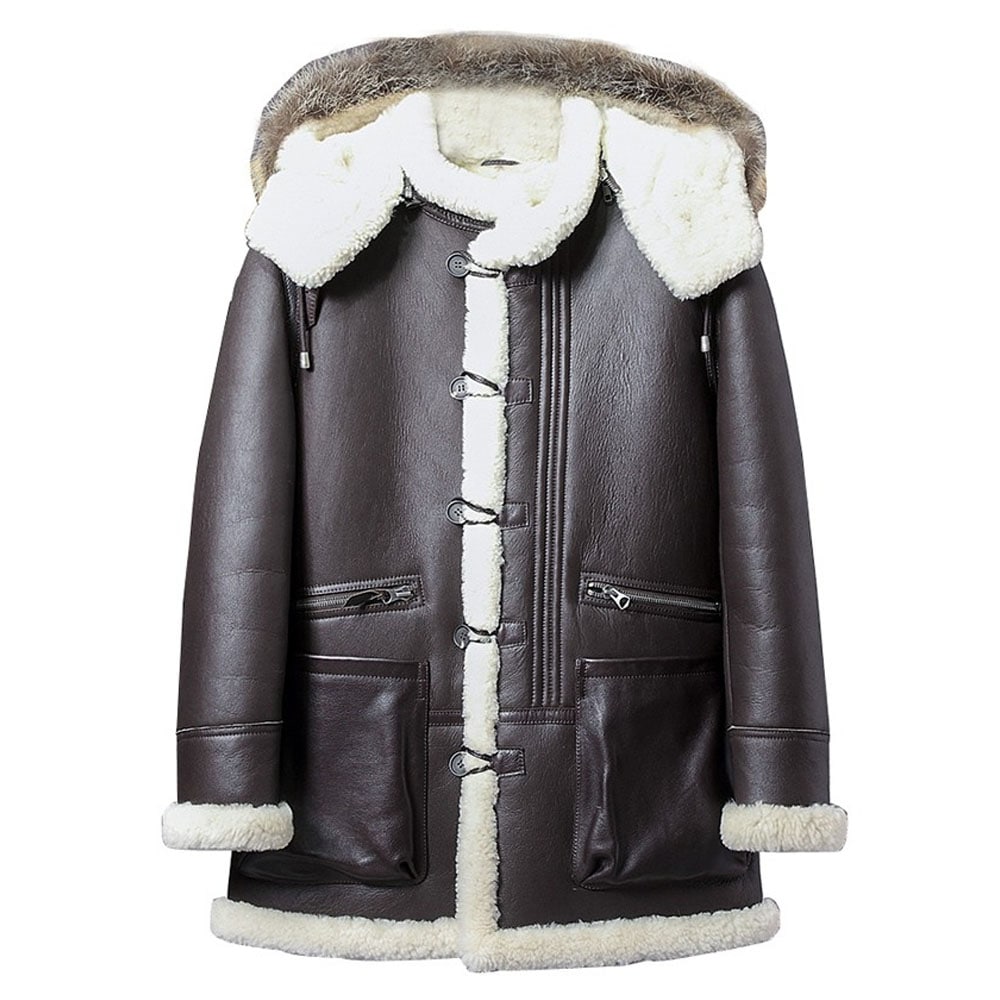 Mens Sheepskin Shearling Parka Coat with Detachable Hood