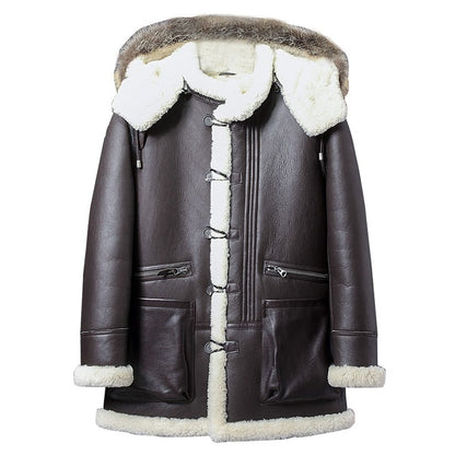 Mens Sheepskin Shearling Parka Coat with Detachable Hood