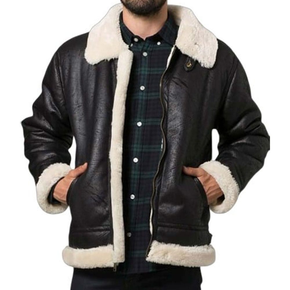 Mens Aviator Shearling Black Leather Jacket