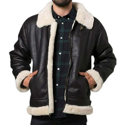 Mens Aviator Shearling Black Leather Jacket