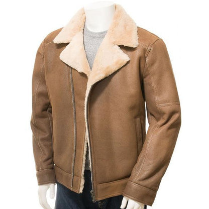 Men Tan Sheepskin Biker Jacket