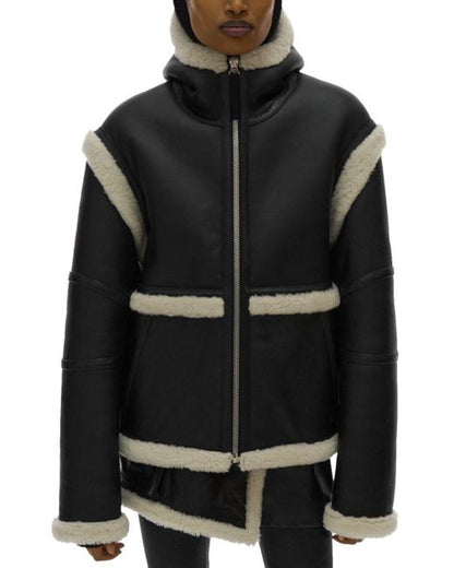 Helmut Lang Women's Black Aviator Hooded Shearling Jacket