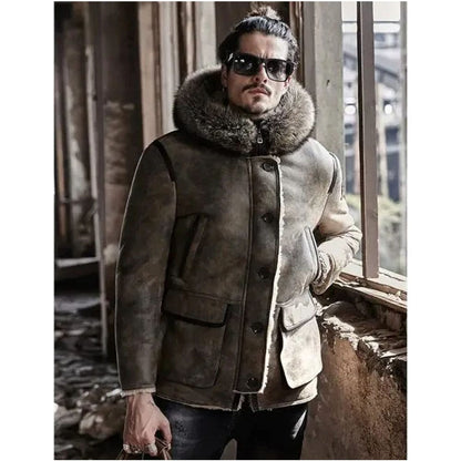 New Men's Hooded Shearling Sheepskin Coat With Fur Collar