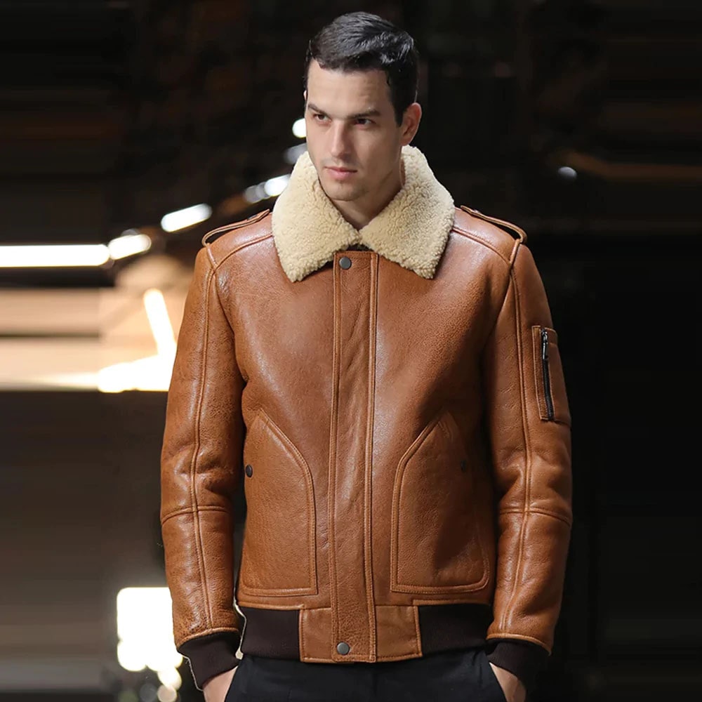 Mens Brown B3 Flight Airforce Sheepskin Bomber Jacket