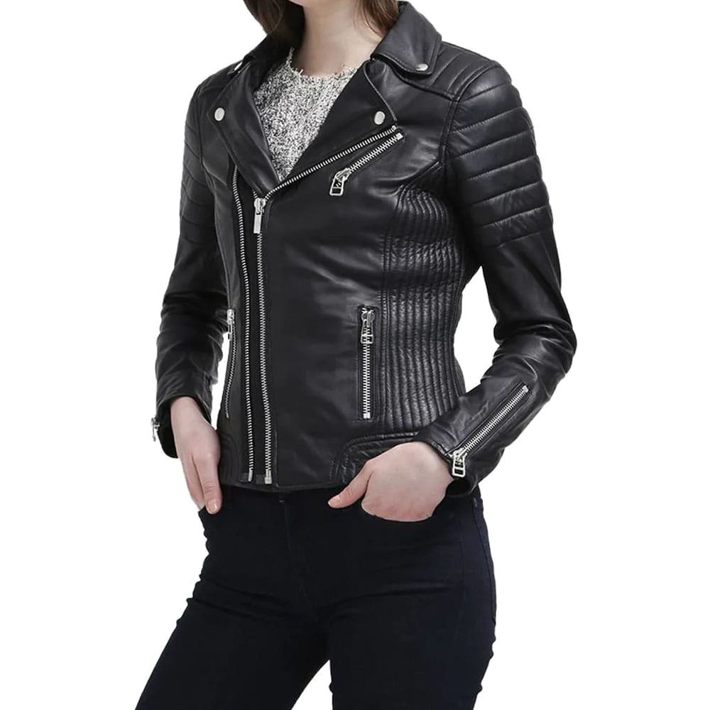 Women Slim Fit Black Genuine Leather Jacket