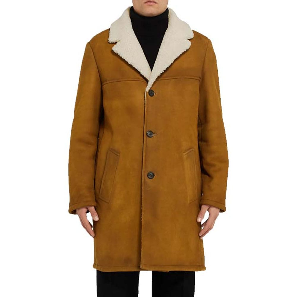 Mens Yellow Leather White Faux Shearling Sheepskin Coat