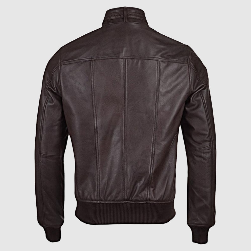 Men's Brown Genuine Sheepskin Leather Bomber Rib Jacket